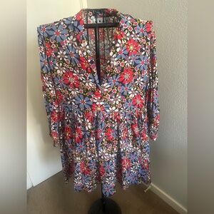 Red and Blue Tiered Long Sleeve Dress with Mandarin Collar